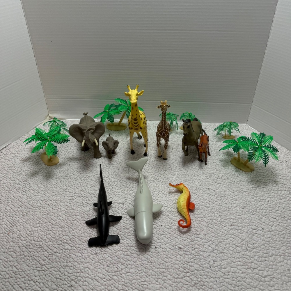 Animal Figure Lot 16 Pieces Elephants Giraffes Horses Orca Shark Seahorse Trees